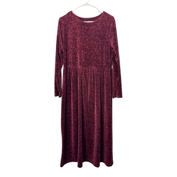 Vintage LL Bean Size 14P Maxi Dress Maroon Velour A Line Long Sleeves Floral - Picture 1 of 5